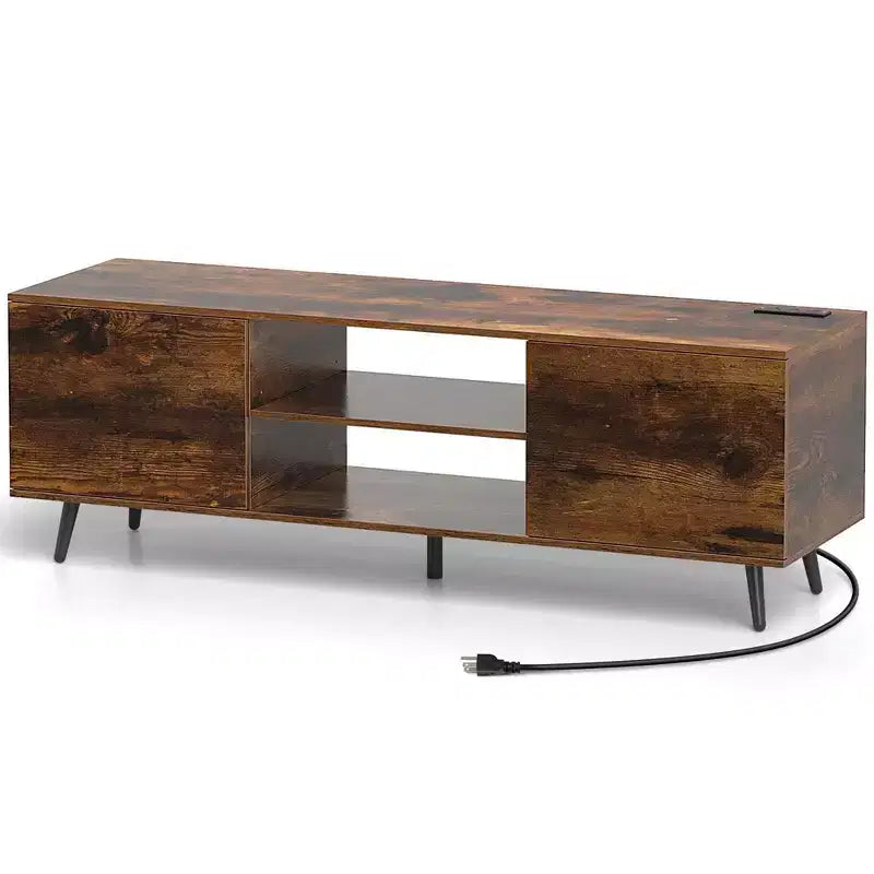 Mueble para TV de 60 pulgadas, consola multimedia de estilo moderno de mediados de siglo con estante ajustable, marrón/negro
