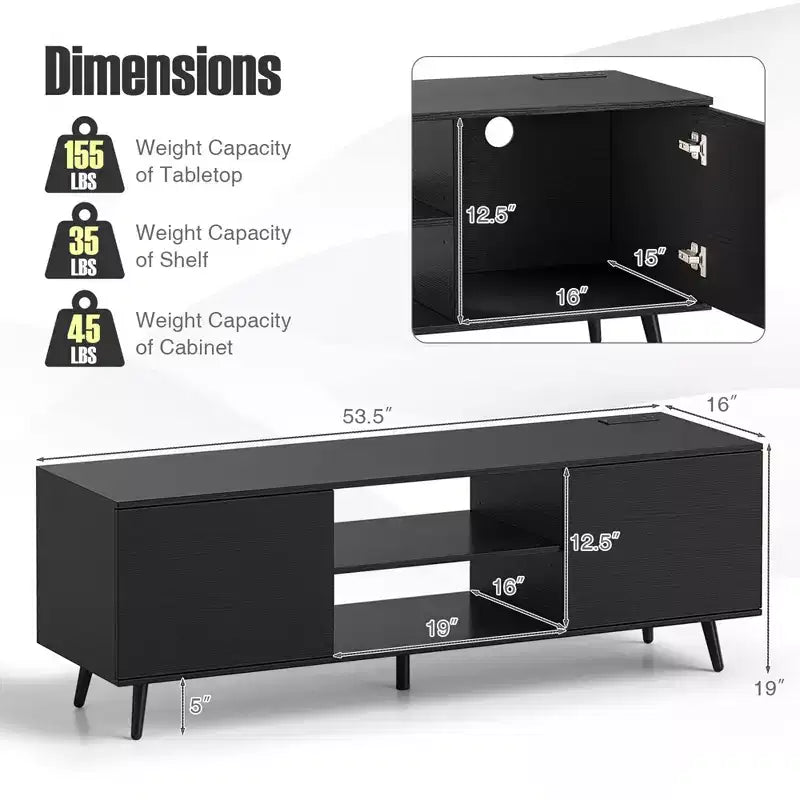 Mueble para TV de 60 pulgadas, consola multimedia de estilo moderno de mediados de siglo con estante ajustable, marrón/negro
