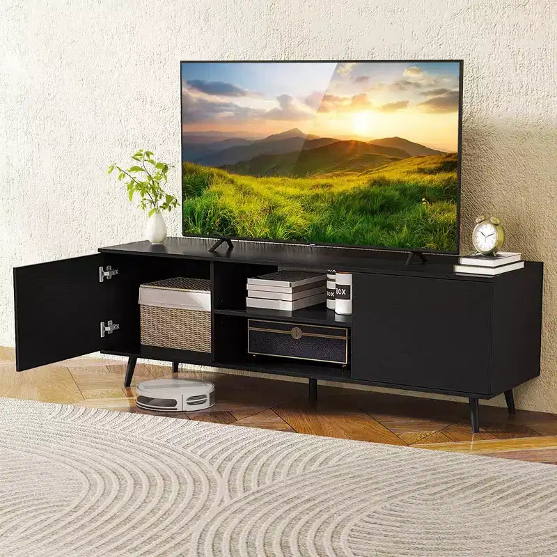 Mueble para TV de 60 pulgadas, consola multimedia de estilo moderno de mediados de siglo con estante ajustable, marrón/negro