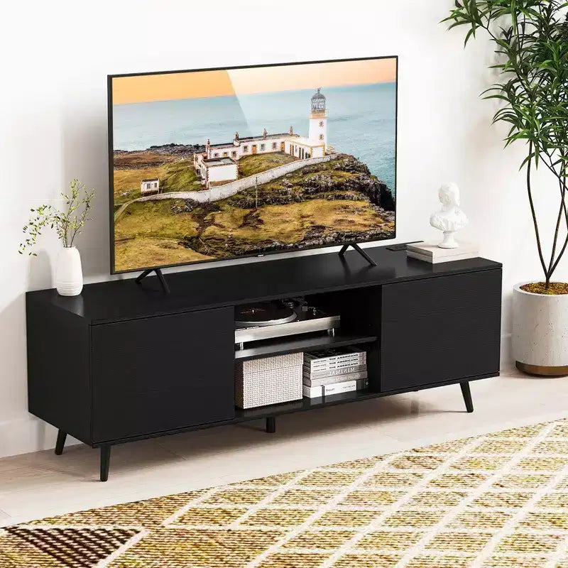 Mueble para TV de 60 pulgadas, consola multimedia de estilo moderno de mediados de siglo con estante ajustable, marrón/negro