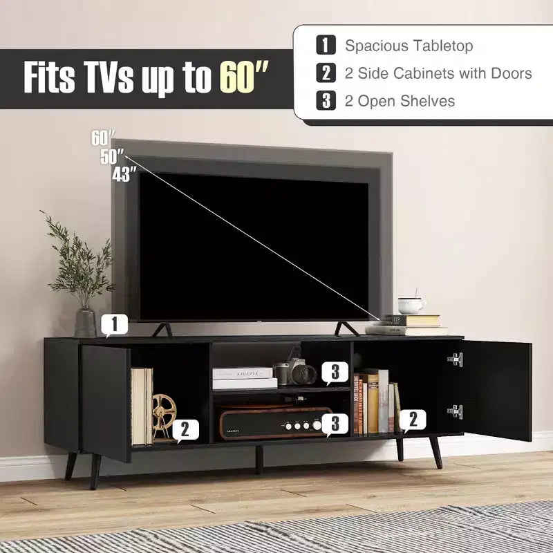 Mueble para TV de 60 pulgadas, consola multimedia de estilo moderno de mediados de siglo con estante ajustable, marrón/negro