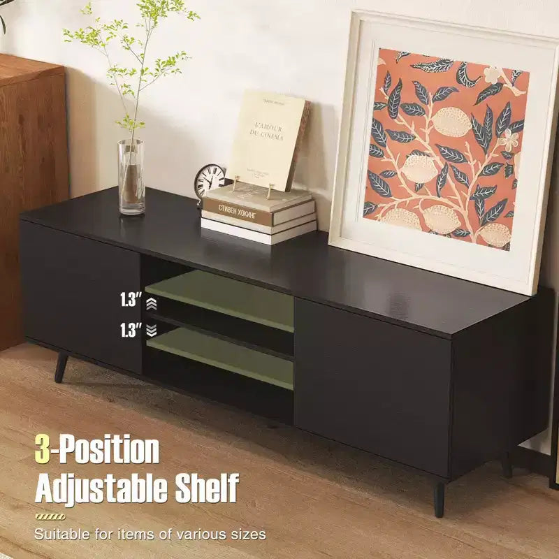 Mueble para TV de 60 pulgadas, consola multimedia de estilo moderno de mediados de siglo con estante ajustable, marrón/negro