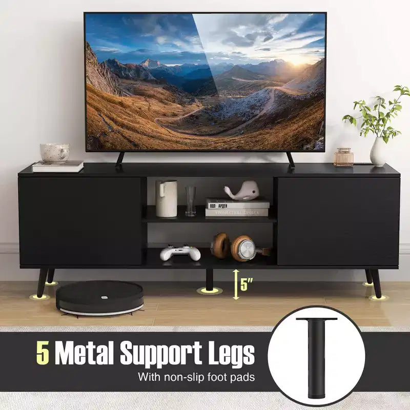 Mueble para TV de 60 pulgadas, consola multimedia de estilo moderno de mediados de siglo con estante ajustable, marrón/negro