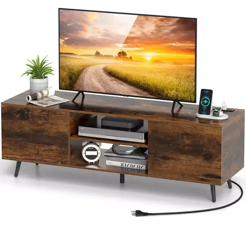 Mueble para TV de 60 pulgadas, consola multimedia de estilo moderno de mediados de siglo con estante ajustable, marrón/negro
