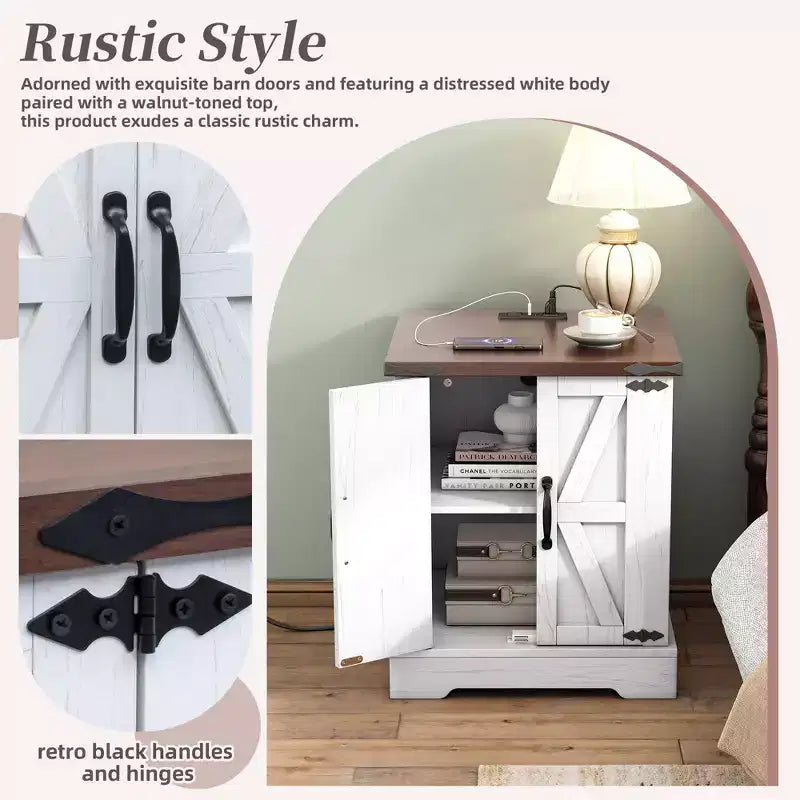20W Beistelltisch, Nachttisch, Couchtisch und Aufbewahrungsschrank mit Ladestation, Landhausstil, rustikal, Walnuss+Weiß/Grau-ModernLuxe