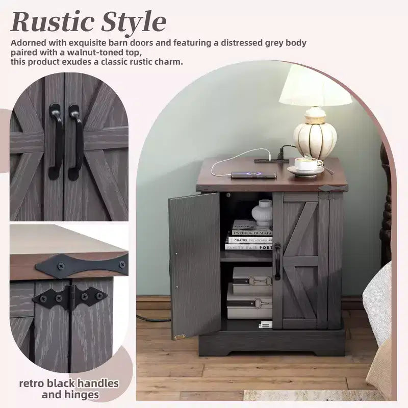 20W Beistelltisch, Nachttisch, Couchtisch und Aufbewahrungsschrank mit Ladestation, Landhausstil, rustikal, Walnuss+Weiß/Grau-ModernLuxe