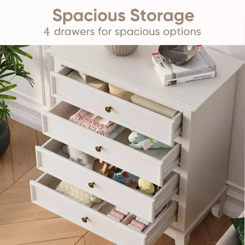 Commode à 4 tiroirs, grand meuble de rangement avec glissières à roulement à billes, idéal pour la chambre, le salon, le couloir ou l’entrée