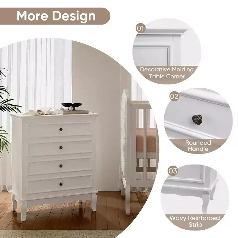Commode à 4 tiroirs, grand meuble de rangement avec glissières à roulement à billes, idéal pour la chambre, le salon, le couloir ou l’entrée