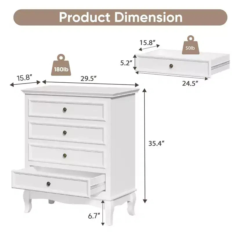 Commode à 4 tiroirs, grand meuble de rangement avec glissières à roulement à billes, idéal pour la chambre, le salon, le couloir ou l’entrée