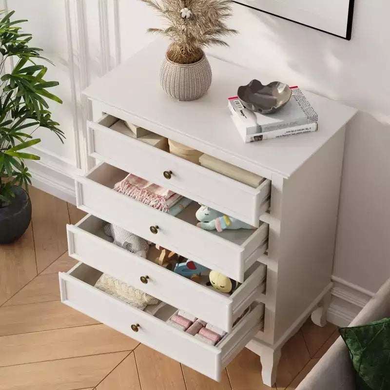 Commode à 4 tiroirs, grand meuble de rangement avec glissières à roulement à billes, idéal pour la chambre, le salon, le couloir ou l’entrée