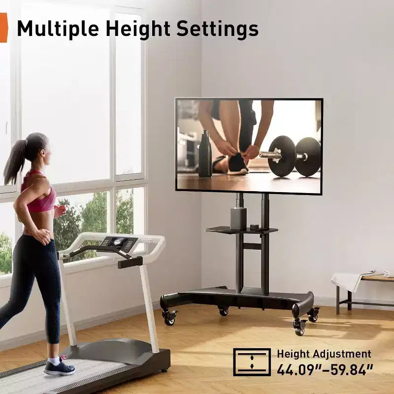 Support TV mobile pour téléviseurs plats ou incurvés de 32 à 80 pouces, support roulant avec étagère réglable en hauteur, VESA max. 600x400mm, supporte jusqu’à 100 lbs