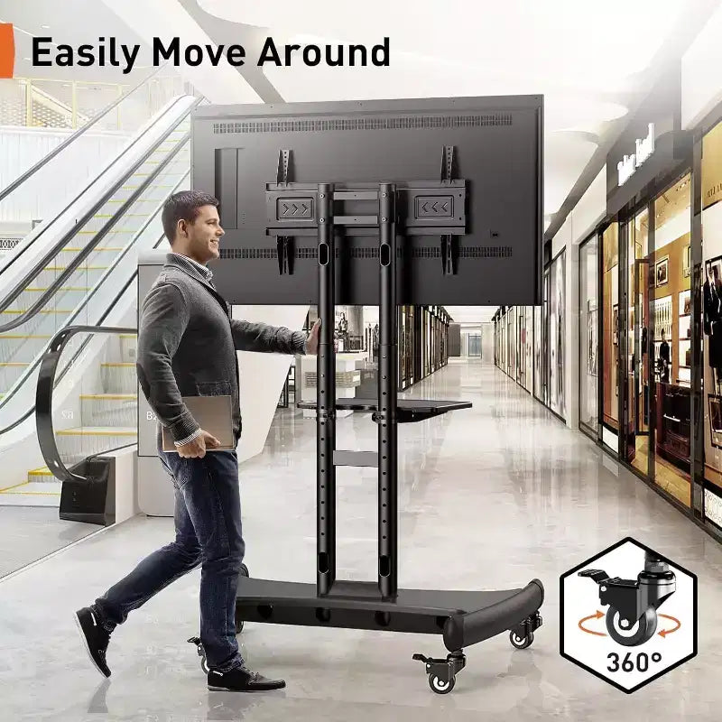Support TV mobile pour téléviseurs plats ou incurvés de 32 à 80 pouces, support roulant avec étagère réglable en hauteur, VESA max. 600x400mm, supporte jusqu’à 100 lbs