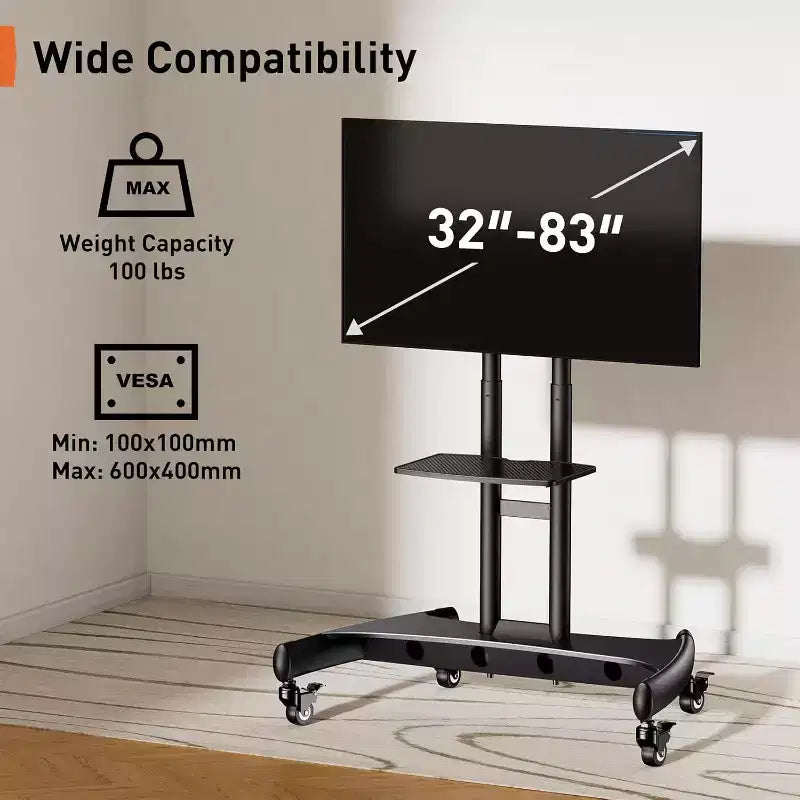 Support TV mobile pour téléviseurs plats ou incurvés de 32 à 80 pouces, support roulant avec étagère réglable en hauteur, VESA max. 600x400mm, supporte jusqu’à 100 lbs