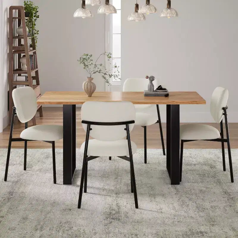 Set aus 2 gepolsterten Esszimmerstühlen ohne Armlehnen, Akzentstühle mit Metallbeinen, Beige+Schwarz