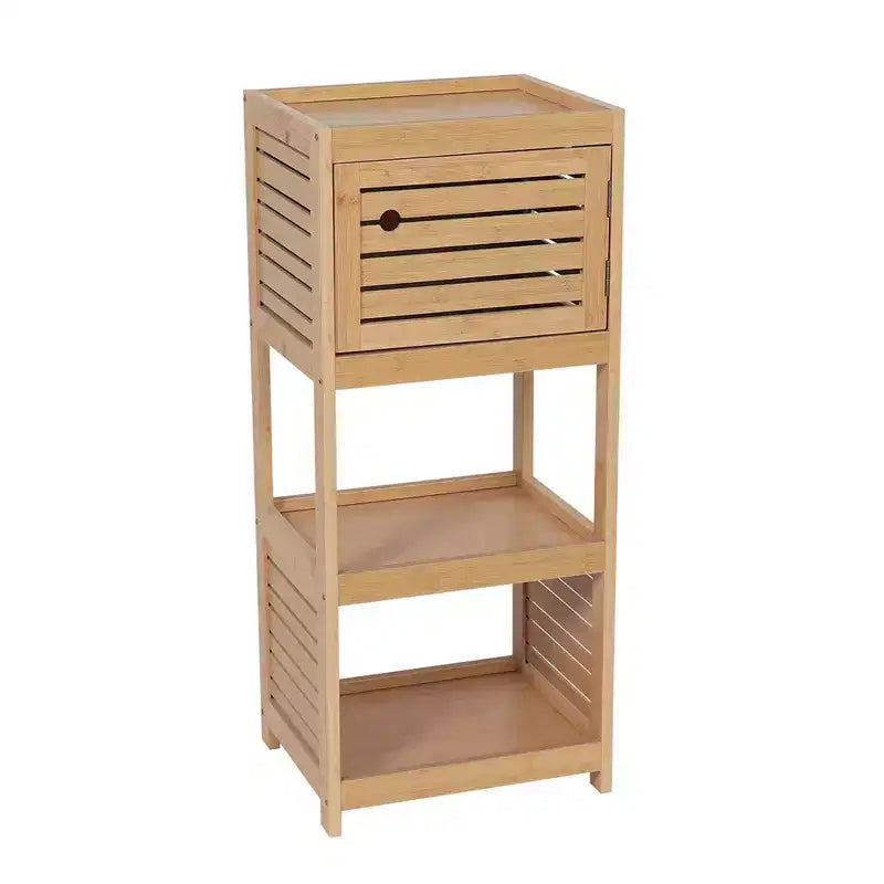 Armario compacto de almacenamiento para baño de estilo francés, con estantes abiertos y puerta ventilada, color natural