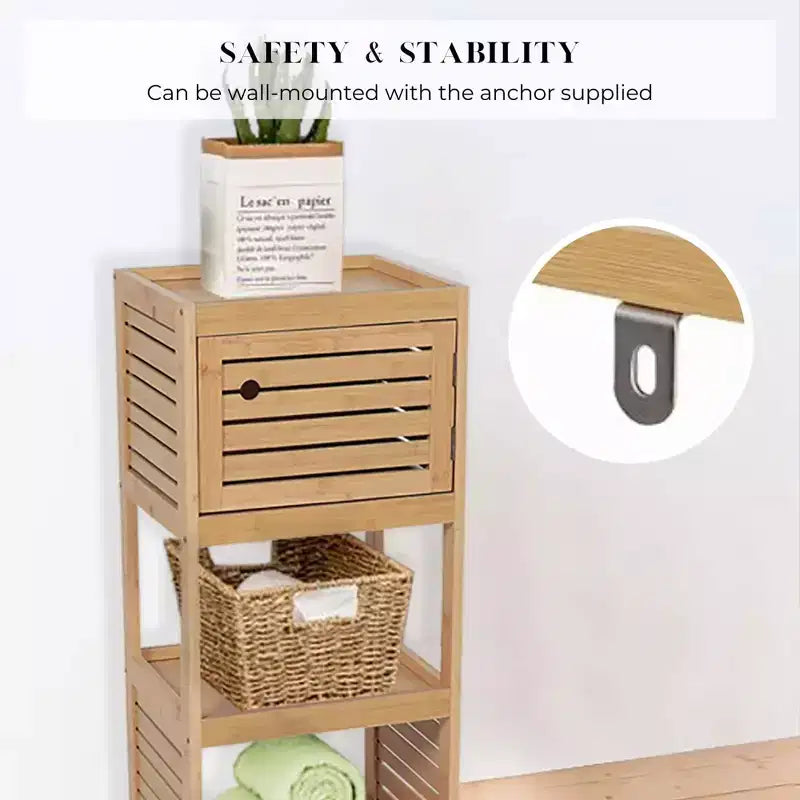 Armario compacto de almacenamiento para baño de estilo francés, con estantes abiertos y puerta ventilada, color natural