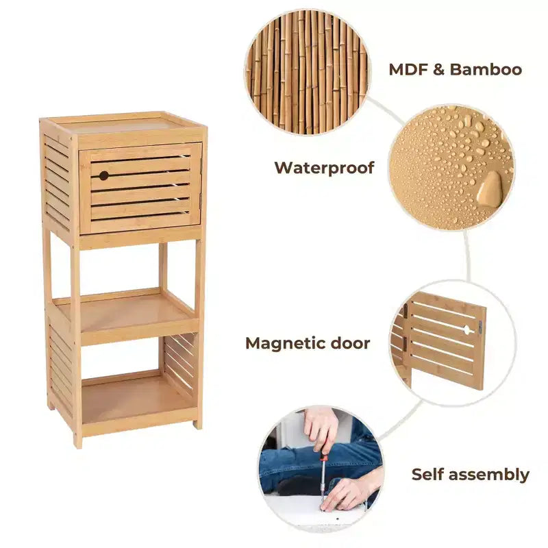 Armario compacto de almacenamiento para baño de estilo francés, con estantes abiertos y puerta ventilada, color natural