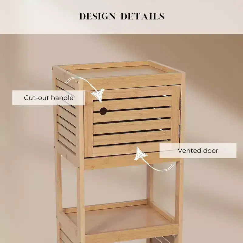 Armario compacto de almacenamiento para baño de estilo francés, con estantes abiertos y puerta ventilada, color natural