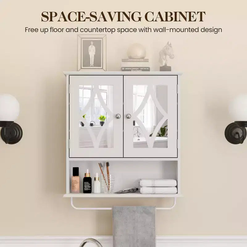 Armoire à pharmacie avec miroir, armoire de rangement murale pour salle de bains avec étagères réglables et porte-serviettes, pour salle de bains et buanderie