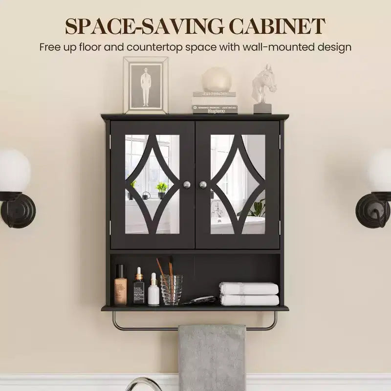 Armoire à pharmacie avec miroir, armoire de rangement murale pour salle de bains avec étagères réglables et porte-serviettes, pour salle de bains et buanderie