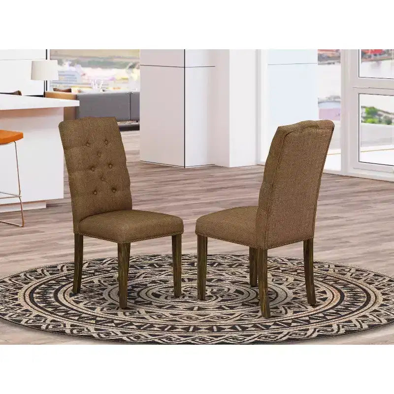 Lot de 2 chaises de salle à manger en lin jacobéen marron, avec dossier capitonné à boutons et garniture de clous décoratifs