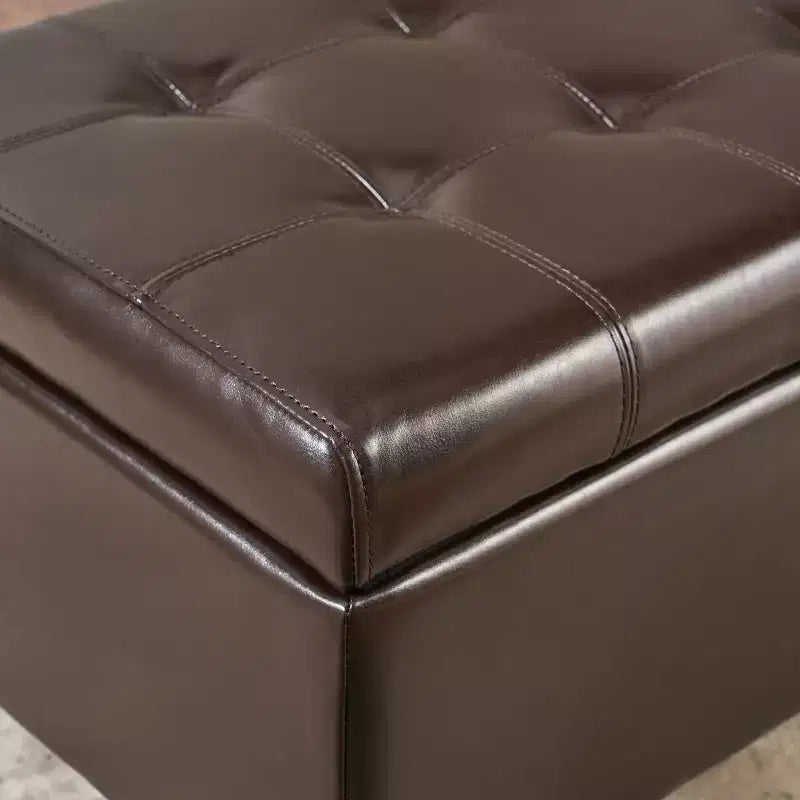 Banco otomano de almacenamiento capitoné de cuero sintético contemporáneo, marrón chocolate