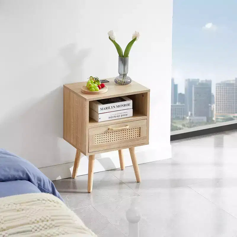 Rattan-Beistelltisch, moderner Nachttisch mit Schublade und Beinen aus Massivholz, für Wohnzimmer und Schlafzimmer, natur