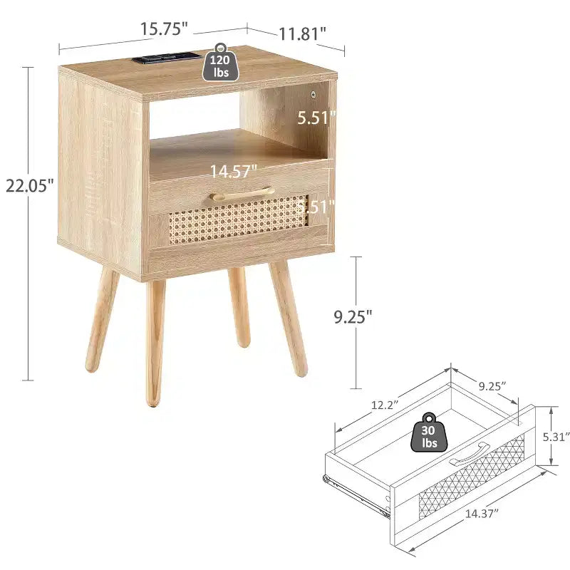 Rattan-Beistelltisch, moderner Nachttisch mit Schublade und Beinen aus Massivholz, für Wohnzimmer und Schlafzimmer, natur