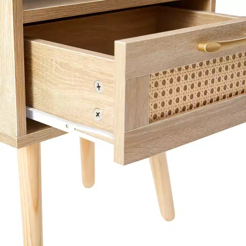 Rattan-Beistelltisch, moderner Nachttisch mit Schublade und Beinen aus Massivholz, für Wohnzimmer und Schlafzimmer, natur