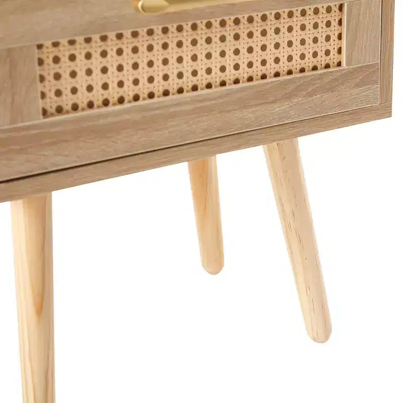 Rattan-Beistelltisch, moderner Nachttisch mit Schublade und Beinen aus Massivholz, für Wohnzimmer und Schlafzimmer, natur
