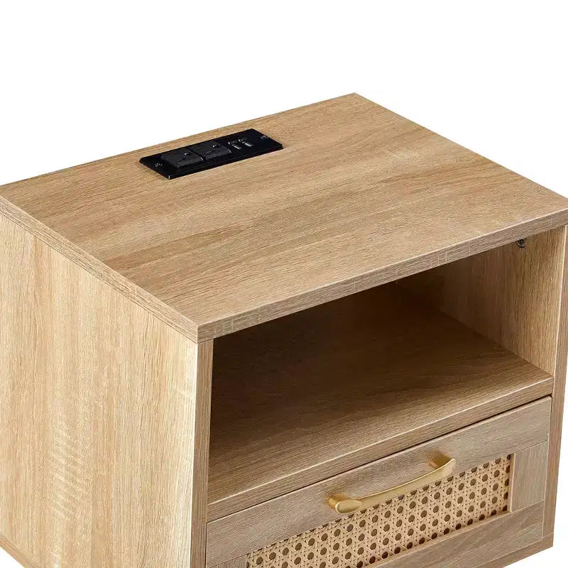 Rattan-Beistelltisch, moderner Nachttisch mit Schublade und Beinen aus Massivholz, für Wohnzimmer und Schlafzimmer, natur
