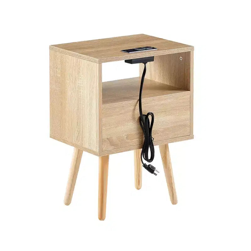 Rattan-Beistelltisch, moderner Nachttisch mit Schublade und Beinen aus Massivholz, für Wohnzimmer und Schlafzimmer, natur