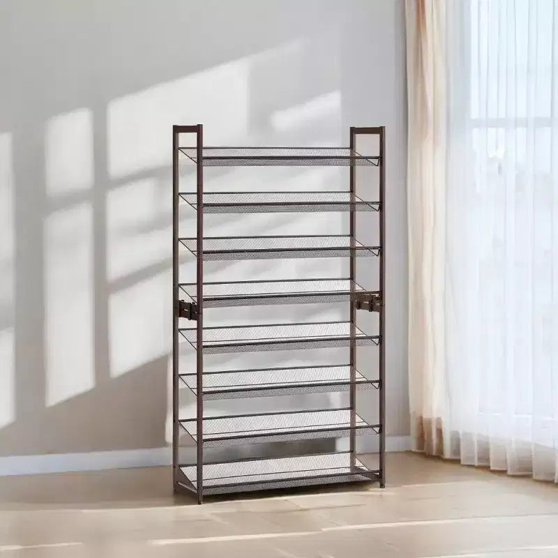 Zapatero, organizador de zapatos de 8 niveles, almacenamiento metálico para zapatos, recibidor, juego de 2, estante apilable de 4 niveles con estantes ajustables planos o inclinados