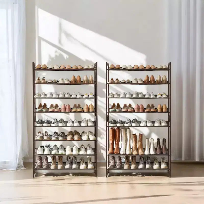Zapatero, organizador de zapatos de 8 niveles, almacenamiento metálico para zapatos, recibidor, juego de 2, estante apilable de 4 niveles con estantes ajustables planos o inclinados