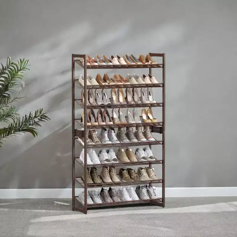 Zapatero, organizador de zapatos de 8 niveles, almacenamiento metálico para zapatos, recibidor, juego de 2, estante apilable de 4 niveles con estantes ajustables planos o inclinados