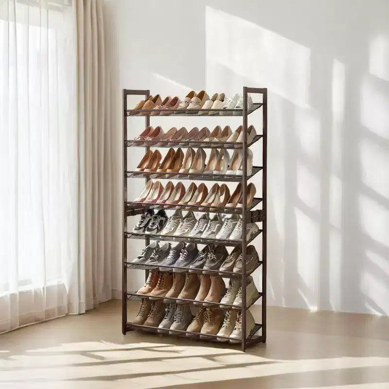 Zapatero, organizador de zapatos de 8 niveles, almacenamiento metálico para zapatos, recibidor, juego de 2, estante apilable de 4 niveles con estantes ajustables planos o inclinados