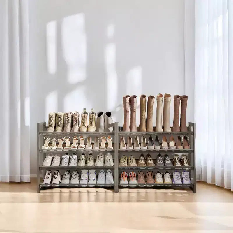 Zapatero, organizador de zapatos de 8 niveles, almacenamiento metálico para zapatos, recibidor, juego de 2, estante apilable de 4 niveles con estantes ajustables planos o inclinados