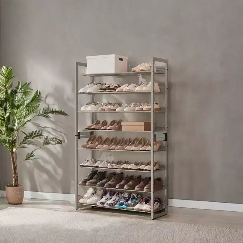 Zapatero, organizador de zapatos de 8 niveles, almacenamiento metálico para zapatos, recibidor, juego de 2, estante apilable de 4 niveles con estantes ajustables planos o inclinados