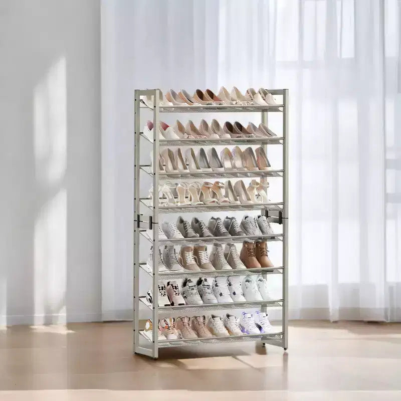 Zapatero, organizador de zapatos de 8 niveles, almacenamiento metálico para zapatos, recibidor, juego de 2, estante apilable de 4 niveles con estantes ajustables planos o inclinados