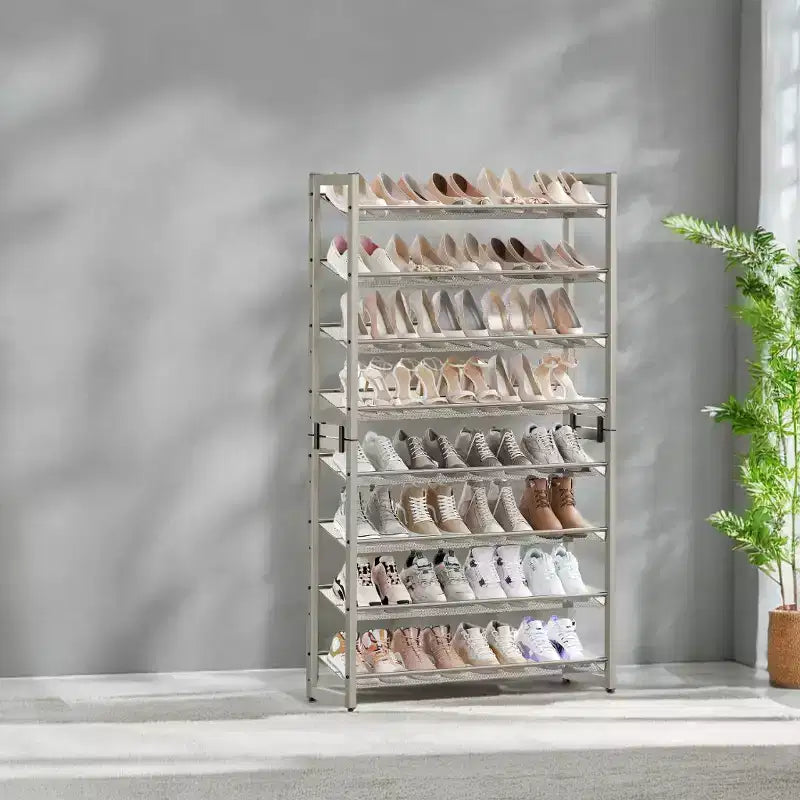 Zapatero, organizador de zapatos de 8 niveles, almacenamiento metálico para zapatos, recibidor, juego de 2, estante apilable de 4 niveles con estantes ajustables planos o inclinados