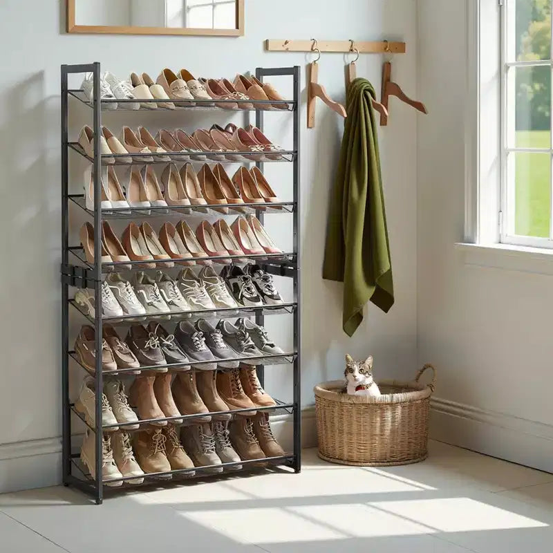 Zapatero, organizador de zapatos de 8 niveles, almacenamiento metálico para zapatos, recibidor, juego de 2, estante apilable de 4 niveles con estantes ajustables planos o inclinados