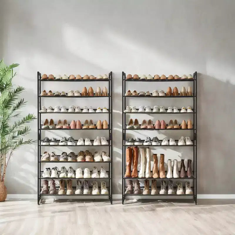 Zapatero, organizador de zapatos de 8 niveles, almacenamiento metálico para zapatos, recibidor, juego de 2, estante apilable de 4 niveles con estantes ajustables planos o inclinados
