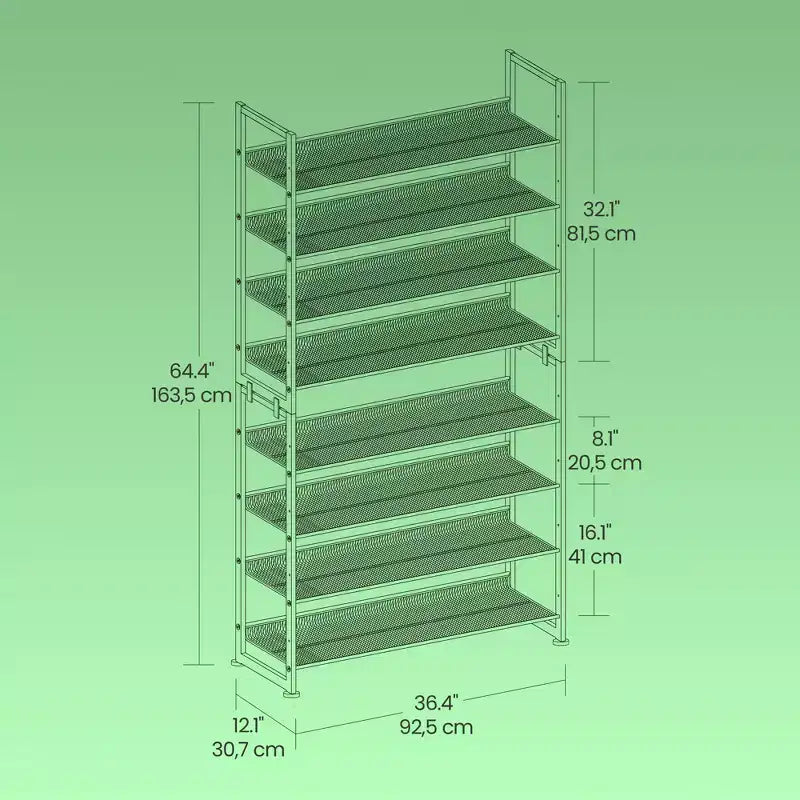 Zapatero, organizador de zapatos de 8 niveles, almacenamiento metálico para zapatos, recibidor, juego de 2, estante apilable de 4 niveles con estantes ajustables planos o inclinados