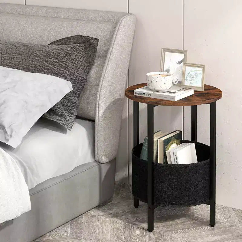 1/2 mesas auxiliares redondas con cesta de almacenamiento de fieltro, resistente estructura de metal, ideales para el dormitorio