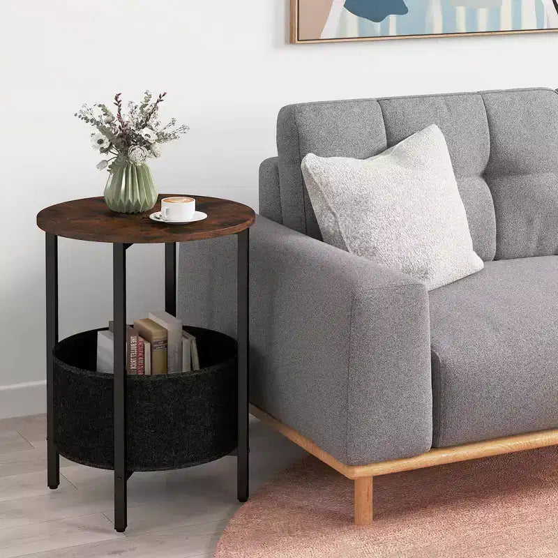 1/2 Stück runder Beistelltisch mit Filz-Aufbewahrungskorb und stabilem Metallgestell, ideal fürs Schlafzimmer