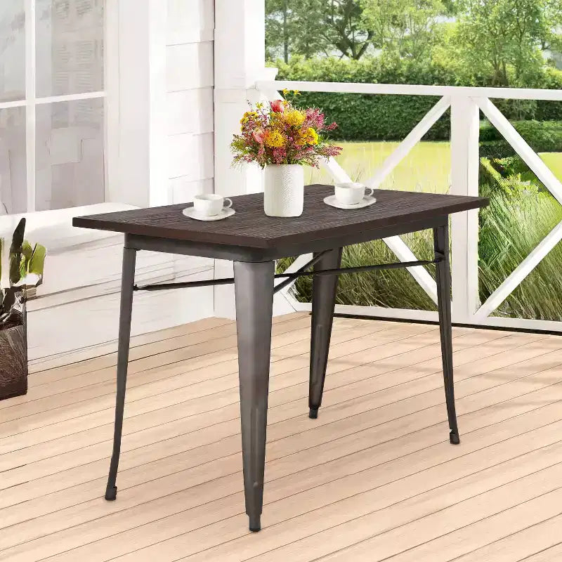 Table de salle à manger robuste en métal avec plateau en bois massif pour cuisine ou salle à manger