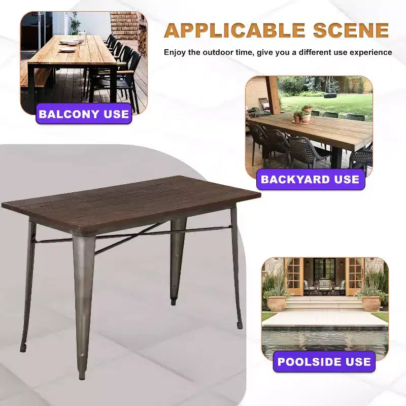 Table de salle à manger robuste en métal avec plateau en bois massif pour cuisine ou salle à manger