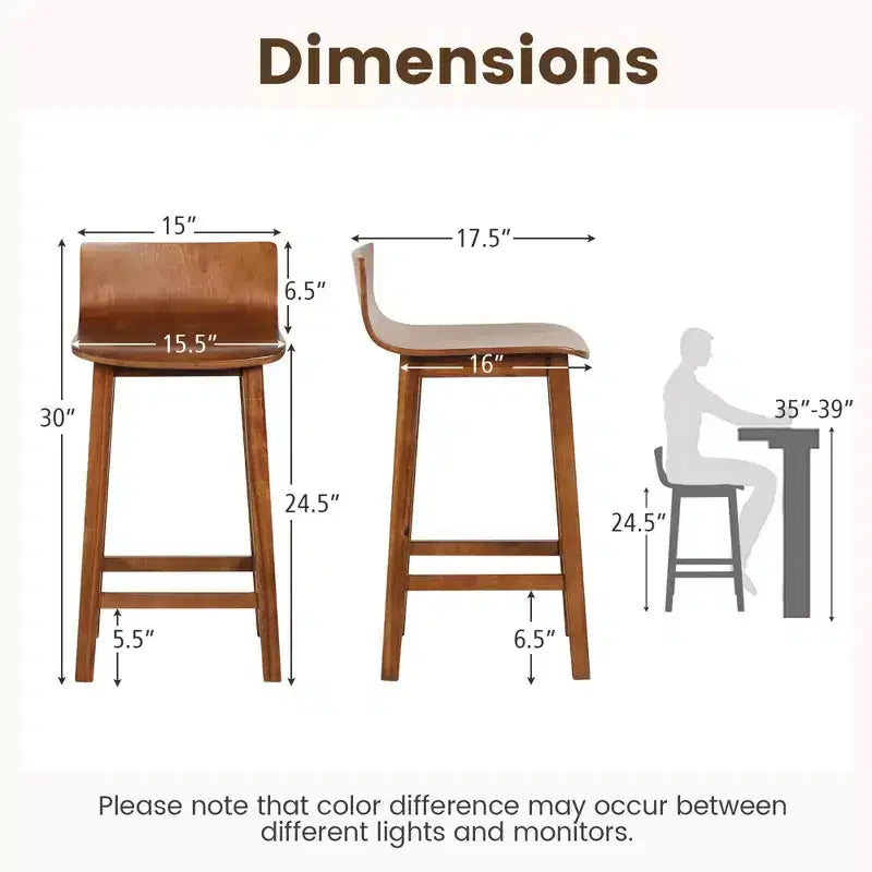Ensemble de 2 tabourets de bar en bois de 24.5 avec dossier et assise pleins, chaises de bar mi-siècle, marron/noir/blanc