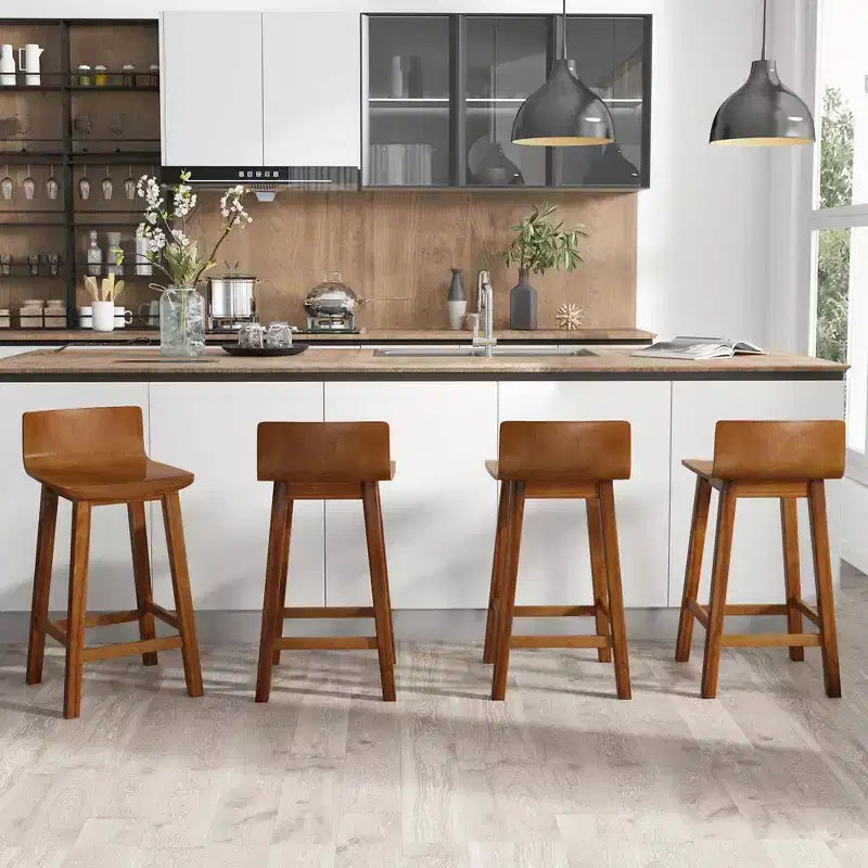 Ensemble de 2 tabourets de bar en bois de 24.5 avec dossier et assise pleins, chaises de bar mi-siècle, marron/noir/blanc