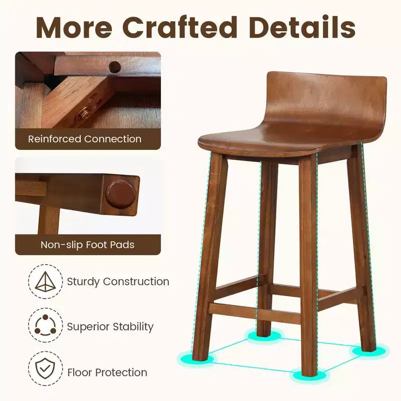 Ensemble de 2 tabourets de bar en bois de 24.5 avec dossier et assise pleins, chaises de bar mi-siècle, marron/noir/blanc